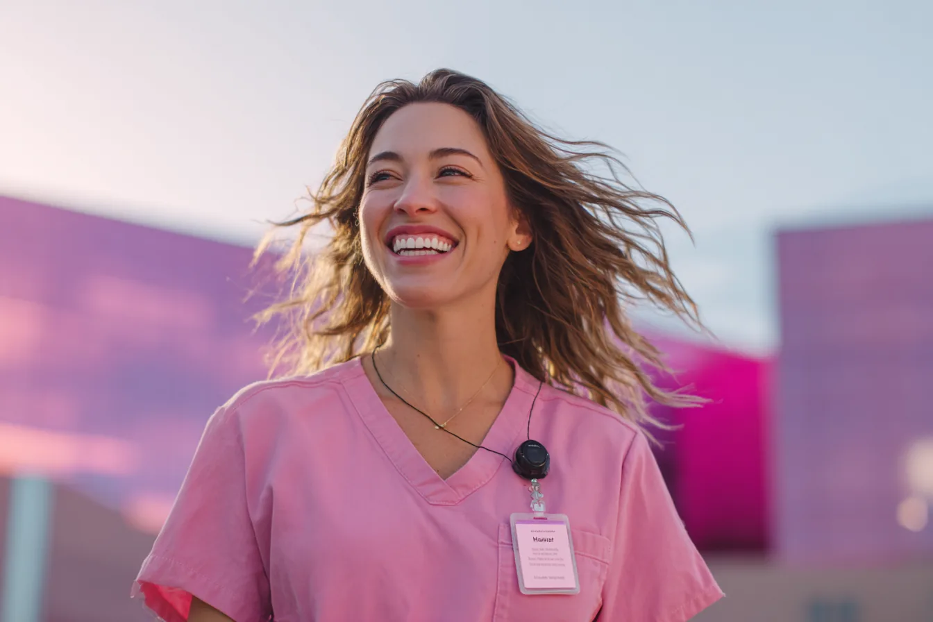 Registered nurse outside a hospital, representing healthcare workforce management software supporting clinicians at the bedside