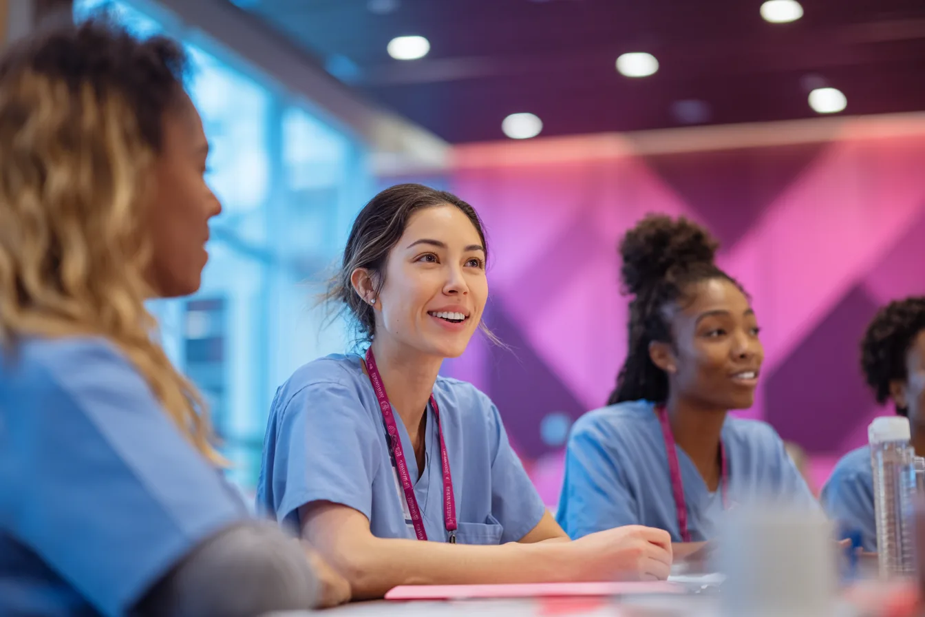 Nurses in a clinical meeting discussing staffing strategy