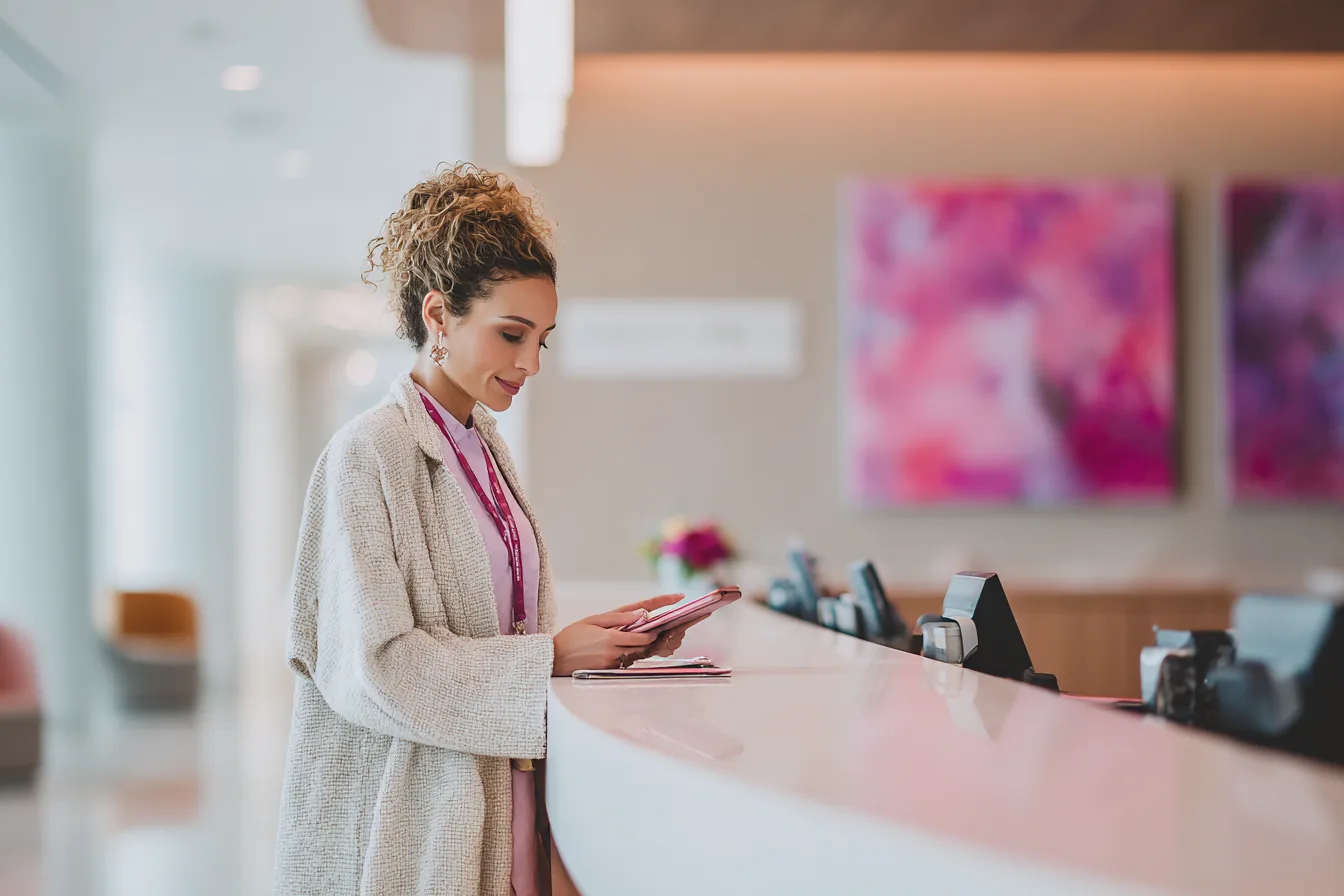 Healthcare professional reviewing compliance documentation at front desk