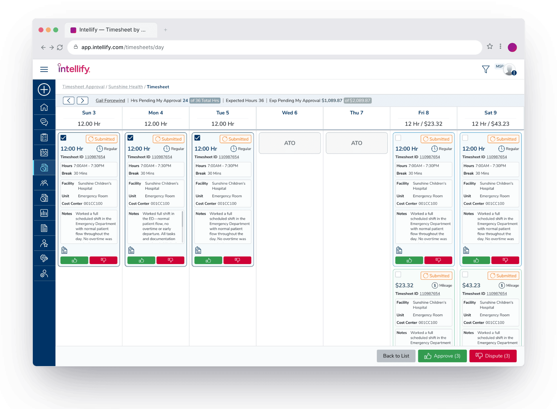 Intellify timesheet day view showing approved shifts, hours, facility, unit, and notes across the week with approve and dispute actions