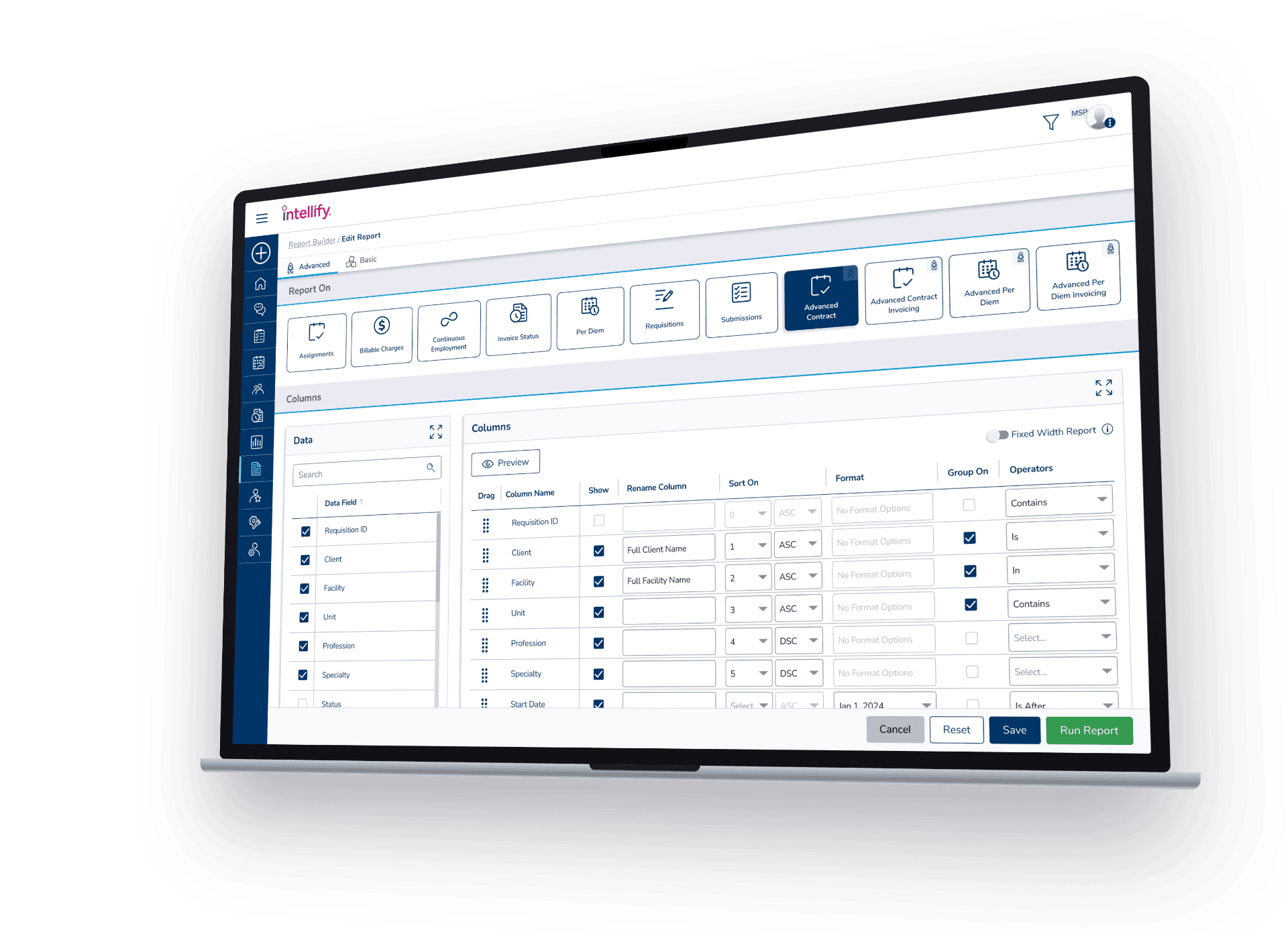 Intellify Insights report builder with drag-to-configure columns, sort order, format options, and grouping controls