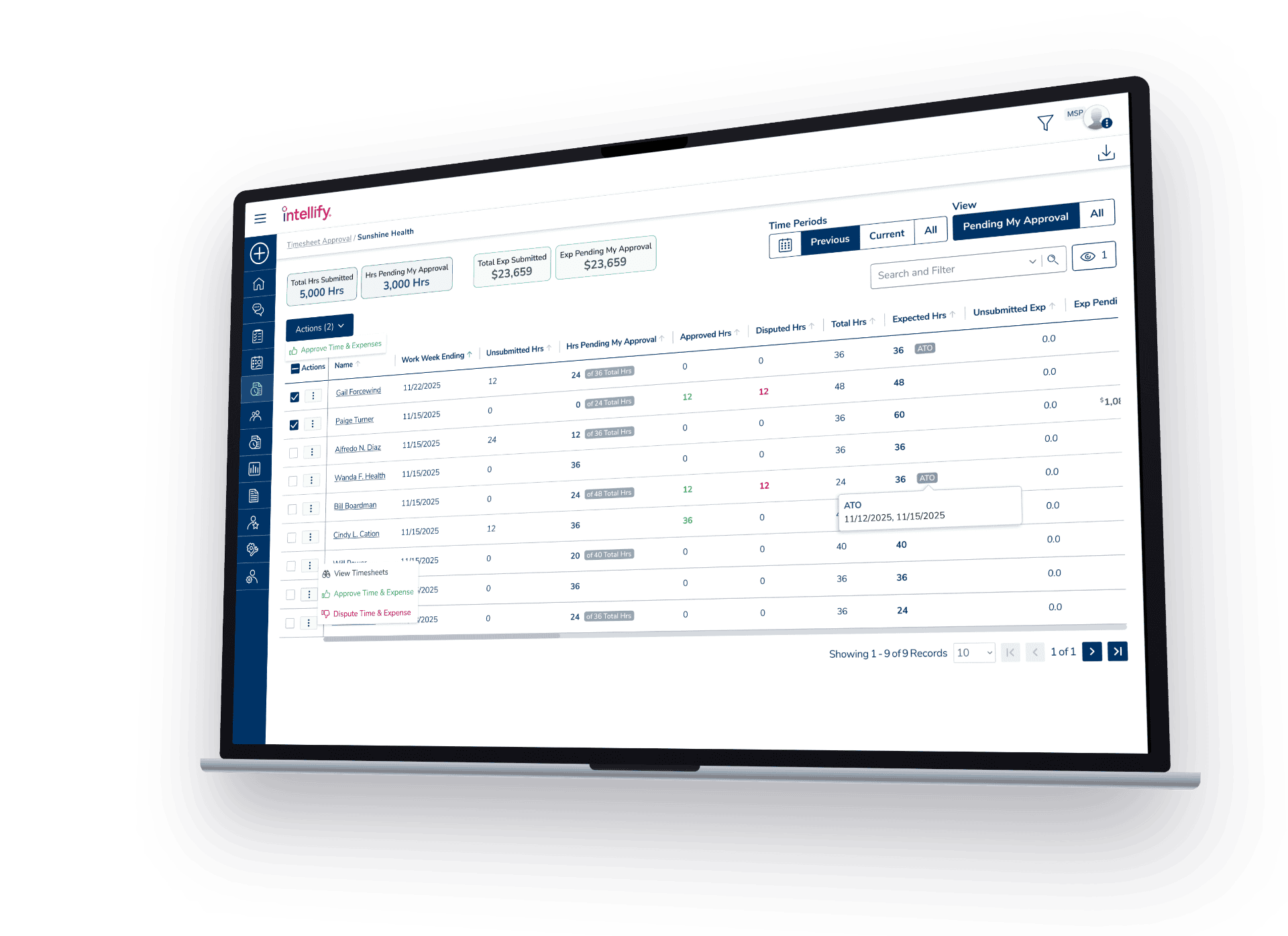 Intellify timesheet approval list on an angled MacBook showing pending approvals with hours submitted, approved, disputed, and ATO indicators
