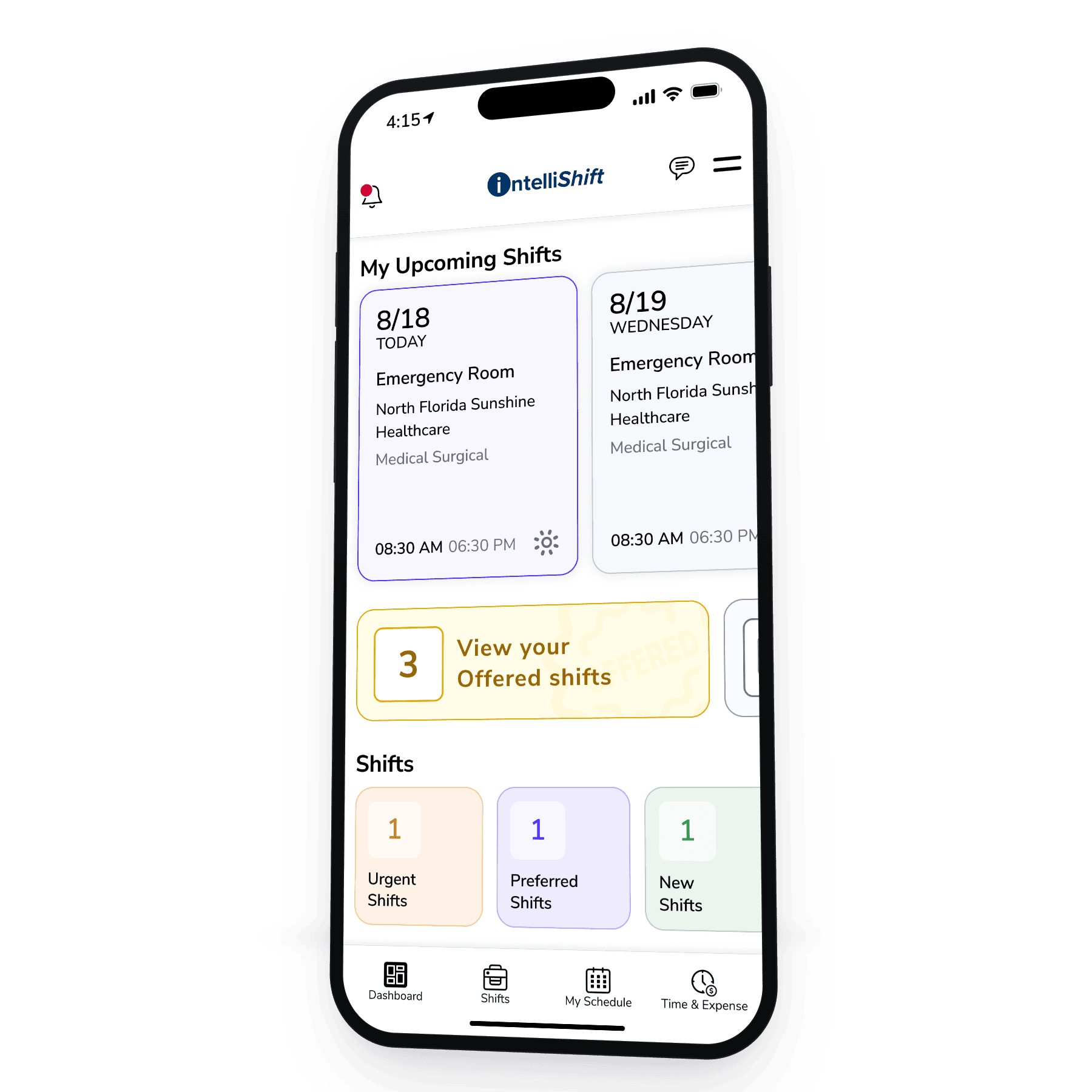 Intellify clinician mobile app showing upcoming shifts, offered shifts, and shift category navigation