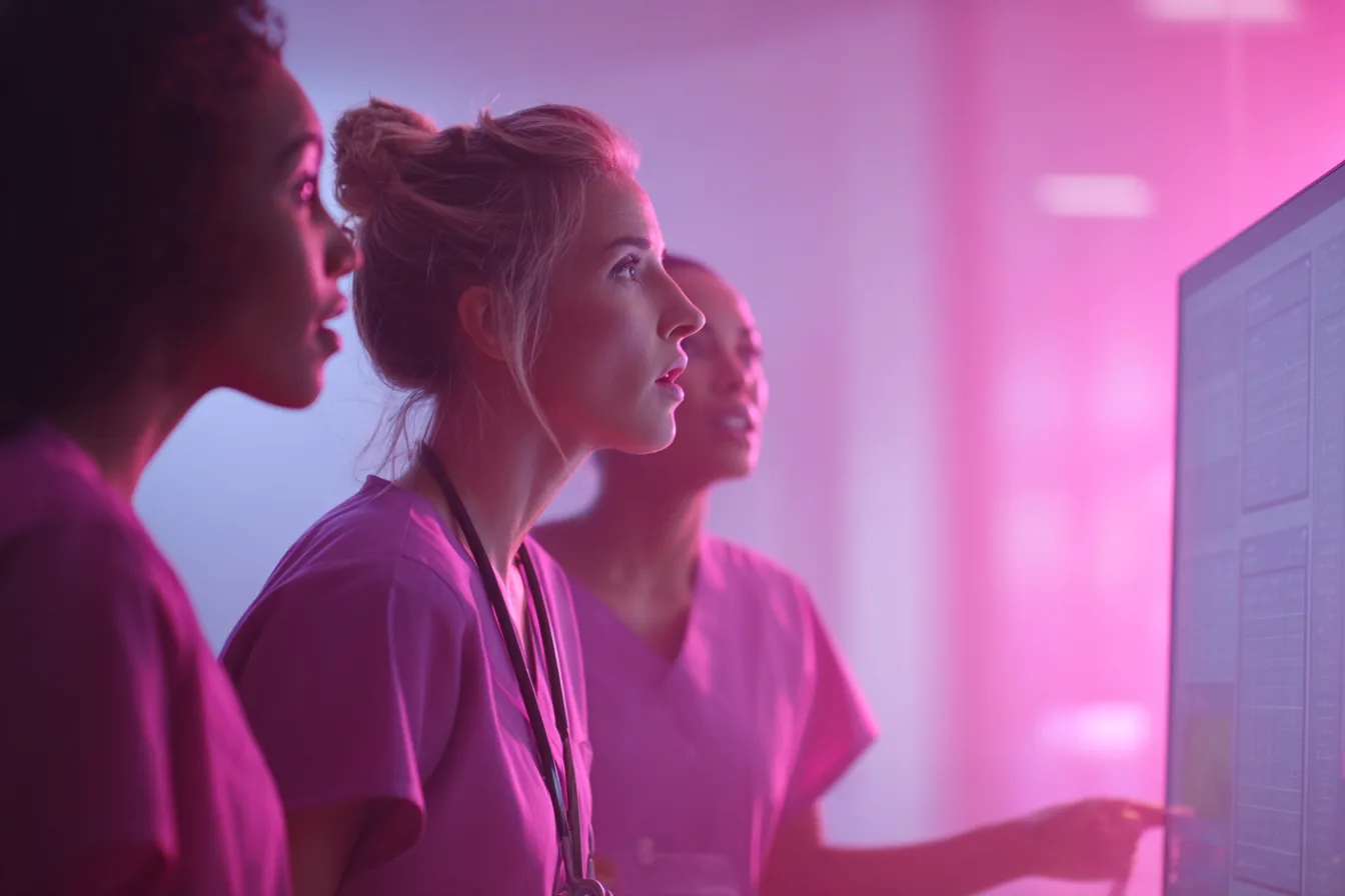 Healthcare professionals reviewing workforce data on screen