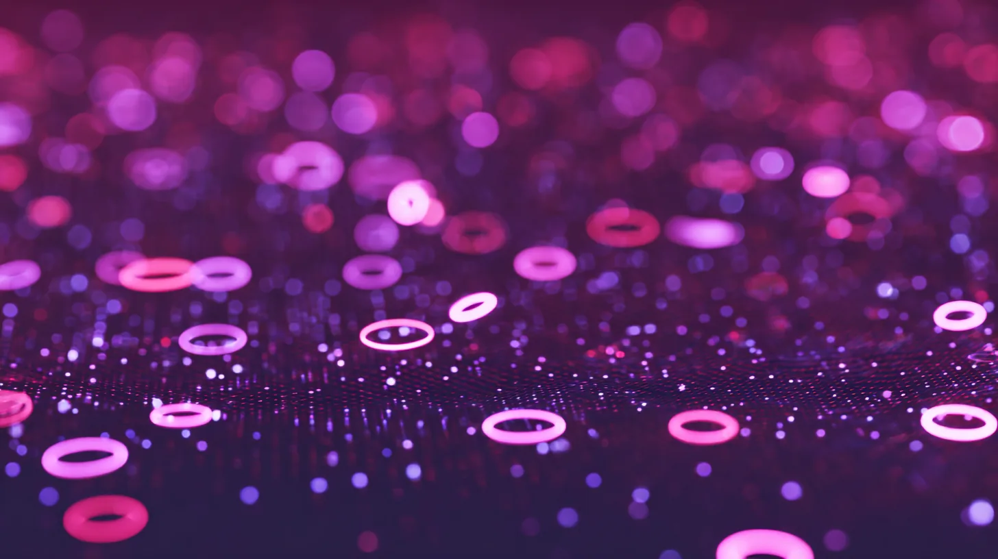 A field of glowing magenta and violet rings scattered across a dark grid, countless small delays accumulating into cost.