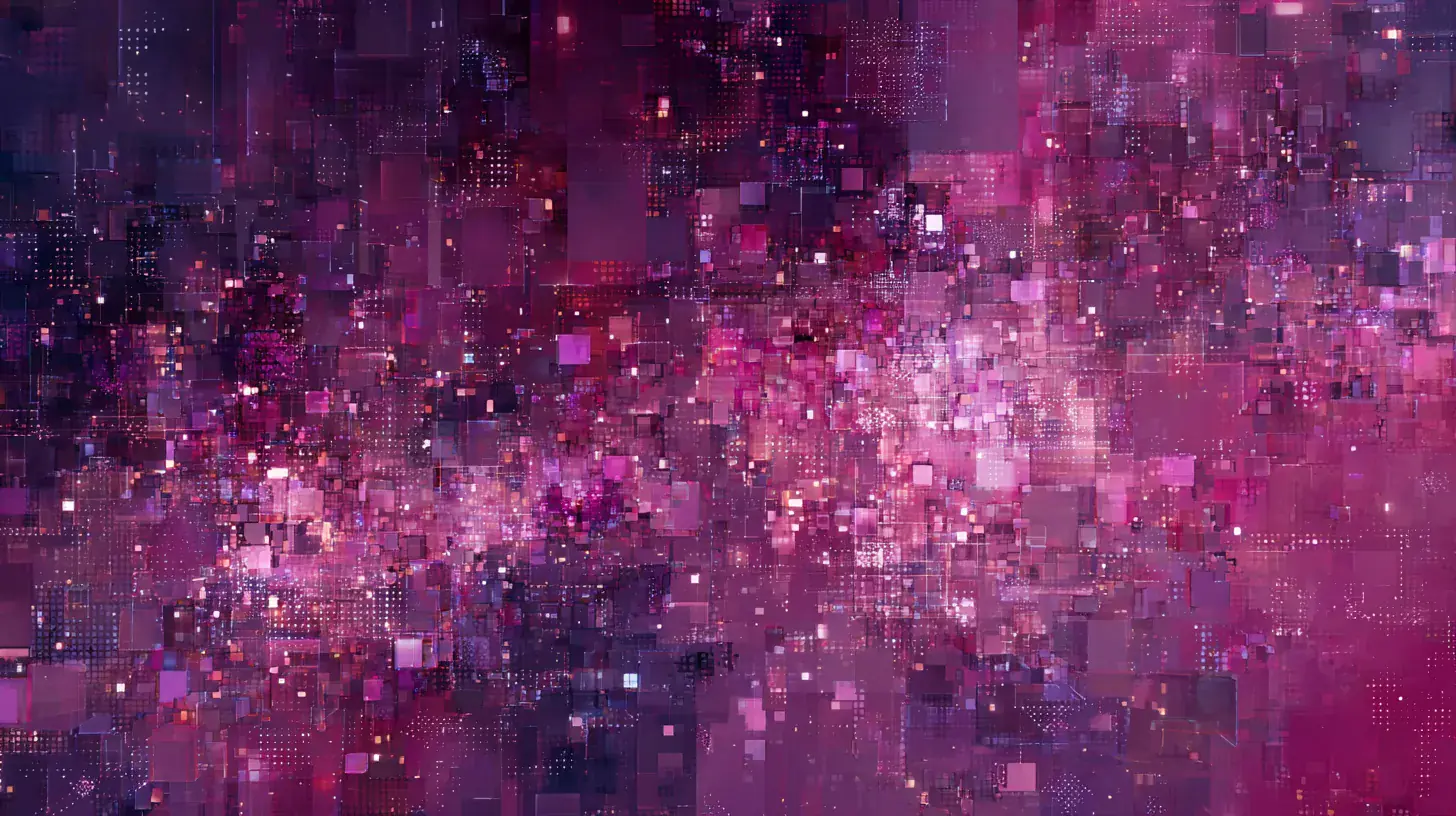 A magenta and violet data skyline rising from a sparse grid, recoverable value made visible and countable.