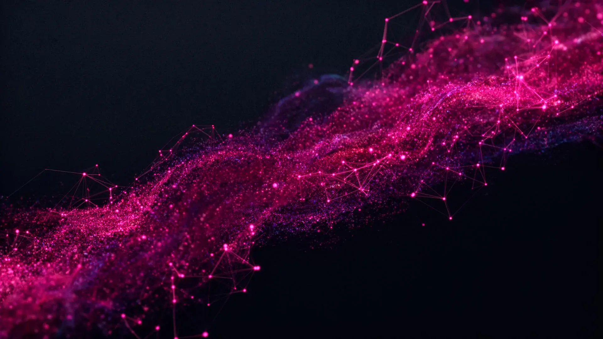A flowing magenta particle network resolving into connected nodes, the architecture handoff from legacy systems made visible.