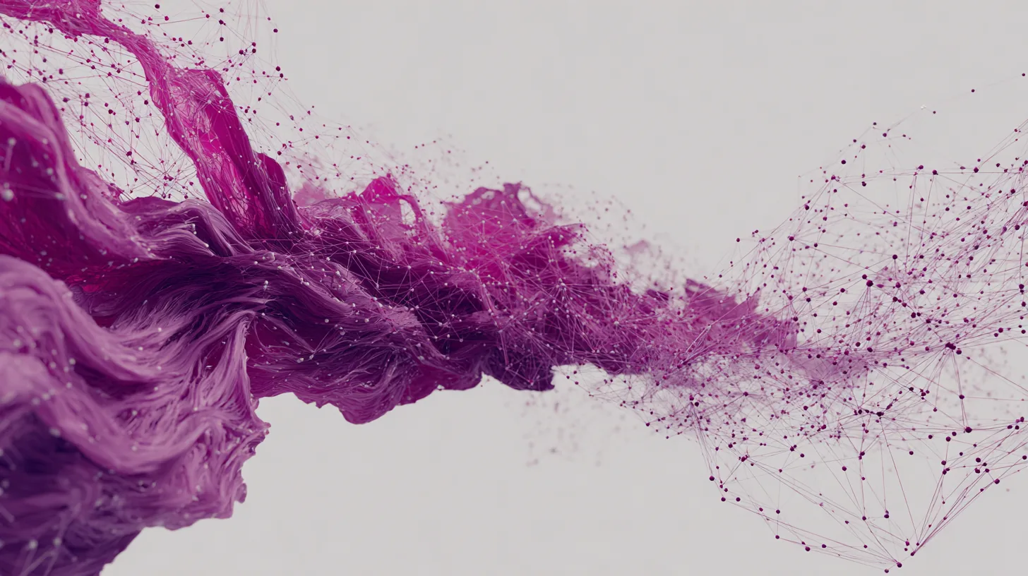An abstract magenta plume dispersing into a constellation of connected data points, forty years of operating intelligence becoming visible.
