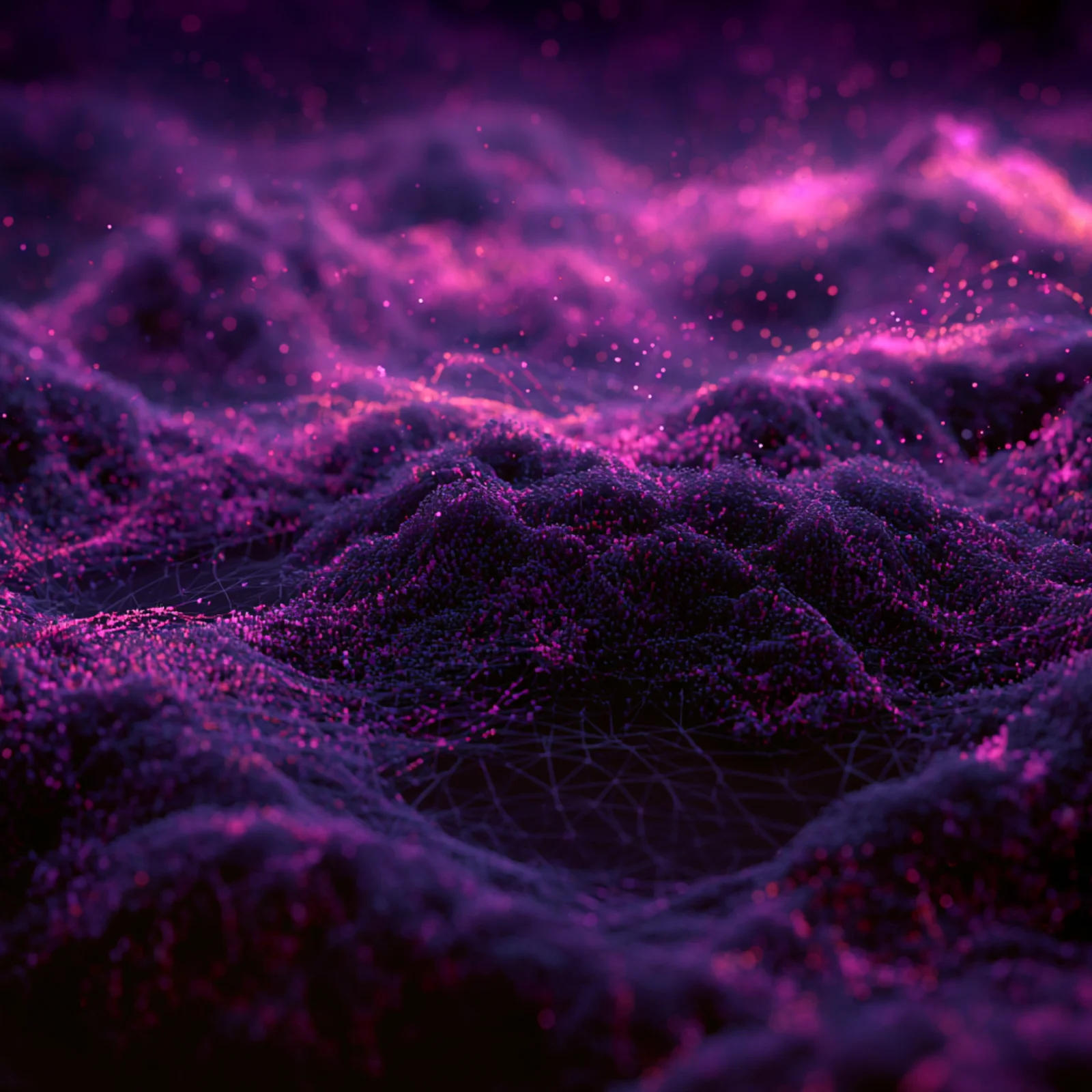 A magenta and violet particle field forming a layered mesh, fragmented workforce signals resolving into a single landscape.